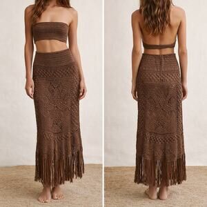 Flook x Free People Brown Crochet Fringe Boho 100% Cotton Midi Skirt Sz S